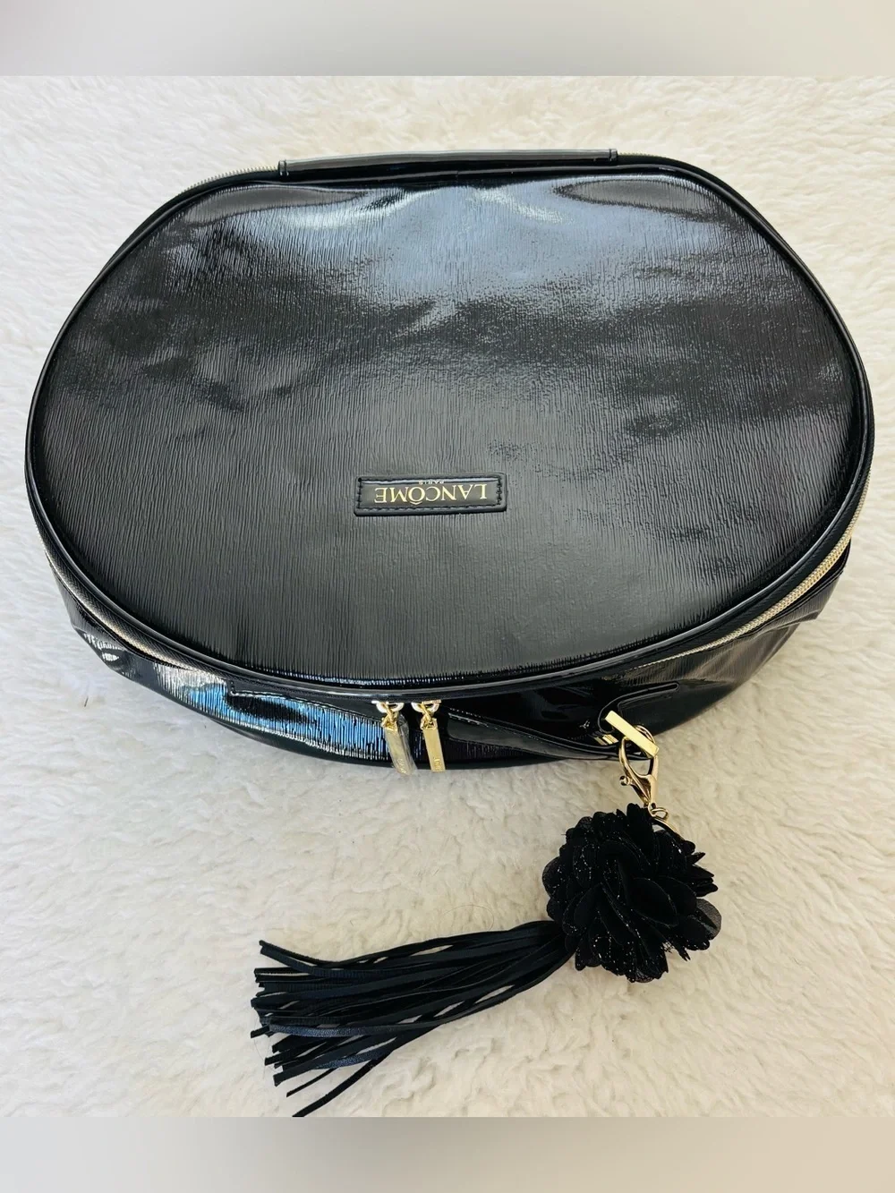 Lanncome Faux Black Patent Cosmetic Case with Tassel Travel Bag